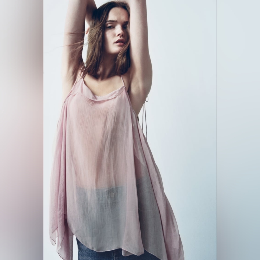 NWT ZARA SEMI-SHEER DUSTY PINK VOLUMINOUS BLOUSE M-L